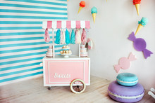 Decorative Wooden Cart With Pink And Blue Candy Bar