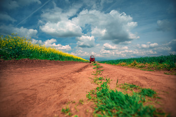 Wall Mural - Red tractor in a field