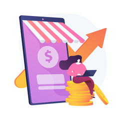 Canvas Print - Income growth. Freelancer sitting on coins and working with laptop cartoon character. Money earning, virtual sales, marketing strategy. Vector isolated concept metaphor illustration