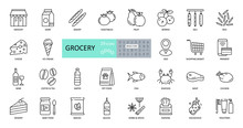 Vector Set Of 29 Grocery Icons With Editable Stroke. Images Of The Departments Of The Grocery Store, Online Sales, Geo Delivery, Consumer Basket, Dairy And Meat Products, Bread, Vegetables, Fruits