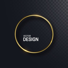 Abstract Golden Circle Shape. Vector 3d Illustration. Shiny Elegant Ring Isolated On Black Transparent Background. Jewelry Concept. Glossy Frame Design. Realistic Metallic Object. Decoration Element