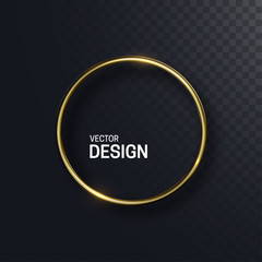 Poster - Abstract golden circle shape. Vector 3d illustration. Shiny elegant ring isolated on black transparent background. Jewelry concept. Glossy frame design. Realistic metallic object. Decoration element