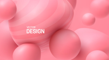 Wall Mural - Soft pink spheres. Bubble gum smooth shapes backdrop. Vector 3d illustration. Abstract sweet background. Minimal poster design. Dynamic particles. Colorful bubbles. Fashion banner template