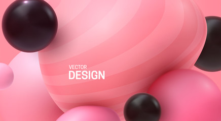 Poster - Colorful dynamic particles. Abstract background. Vector 3d illustration. Colliding smooth spheres. Pink bubble gum soft shapes. Decoration element for cosmetics or beauty industry banner design