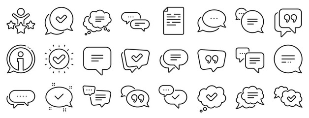 approved, checkmark box and social media message. chat and quote line icons. chat speech bubble, tic