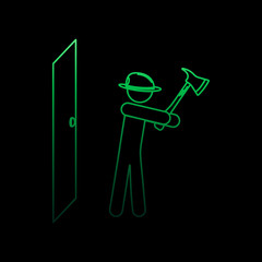 Poster - Fireman breaks the door with an ax nolan icon. Simple thin line, outline vector of fireman icons for ui and ux, website or mobile application
