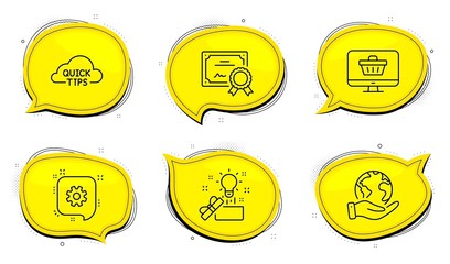 Poster - Web shop sign. Diploma certificate, save planet chat bubbles. Quick tips, Cogwheel and Creative idea line icons set. Helpful tricks, Engineering, Present box. Shopping cart. Business set. Vector
