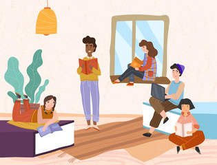 Wall Mural - Group of diverse young friends relaxing reading books indoors with one working on a laptop reading an e-book, colored vector illustration
