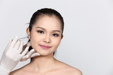 Asian Beautiful Woman Diagnose Face Skin Structure And Prepare To Inject Filler Botox By Syringe To Lifting And Treatment Skincare For Brighter Smooth Youthful, White Background Isolated