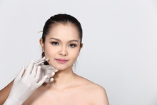 Asian Beautiful Woman Diagnose Face Skin Structure And Prepare To Inject Filler Botox By Syringe To Lifting And Treatment Skincare For Brighter Smooth Youthful, White Background Isolated