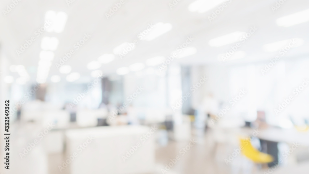 Abstract blurred interior modern office space with business people working banner background with copy space. - obrazy, fototapety, plakaty 