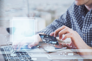 Aufkleber - Double exposure of man hands holding a credit card and data theme drawing. E-commerce and technology concept.