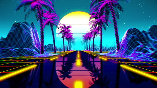 Wall Mural - 80s retro futuristic sci-fi background. Retrowave VJ videogame landscape with neon lights and low poly terrain grid. Stylized vintage cyberpunk vaporwave 3D render with mountains, sun and stars. 4K