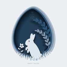 Happy easter greeting card template. paper cut illustration of easter rabbit, grass, flowers and blue egg shape.
