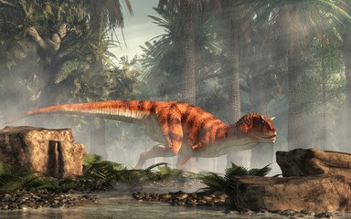 Aufkleber - Carnotaurus was a carnivorous theropod dinosaur with horns on its head that lived in Cretaceous era South America. Here, one is depicted in a forest. 3D Rendering 