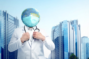 Doctor man with earth head wearing flu mask standing