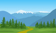 Vector illustration of a mountain landscape with a forest. Flat cartoon color illustration for hike, track, camp. Outdoor and hiking concept. Template with mountains and trees silhouette.