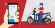 a vector design of biker using navigator application on mobile device. Delivery goods or food from the online store, definition geo location navigation. Courier delivers. Handsome deliveryman.