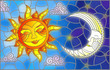 © Zagory - Illustration in stained glass style , abstract sun and moon in the sky