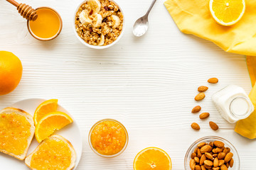 Wall Mural - Breakfast with granola mockup on white background top-down copy space