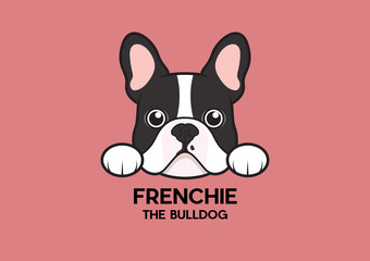 Wall Mural - A cute little frenchie is stick to the edge of the table and waiting for some foods. The brindle pied French Bulldog Logo. This is Frenchie Series in portrait photo style.