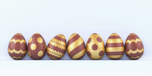 3d Render Illustration. Set Of Chocolate Easter Eggs With Golden Patterns On A Blue Background.