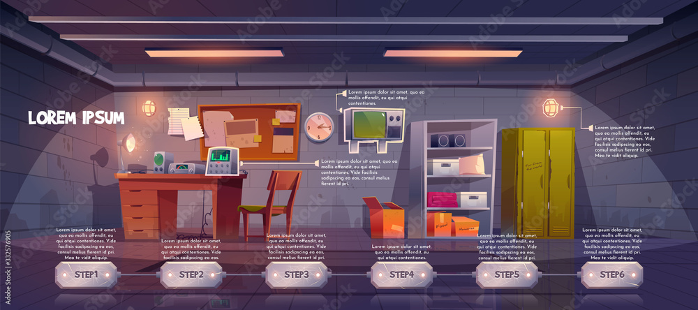 Underground bunker infographics time line, bomb shelter control room pc quest game stages, headquarters base for survival, command post with control panel and radio station cartoon vector illustration - obrazy, fototapety, plakaty 