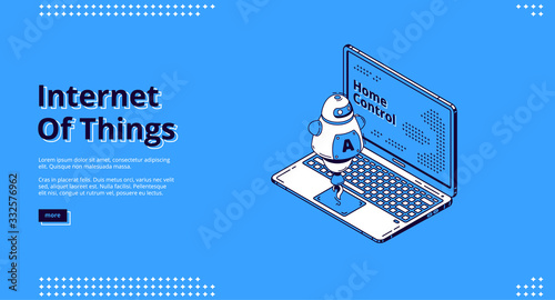 Internet Of Things Isometric Web Banner Laptop With Robot Artificial Intelligence Technology And Smart House Services For Home Distant Control Iot 3d Vector Illustration Line Art Landing Page Stock Vector Adobe
