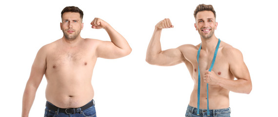 Young man before and after weight loss on white background