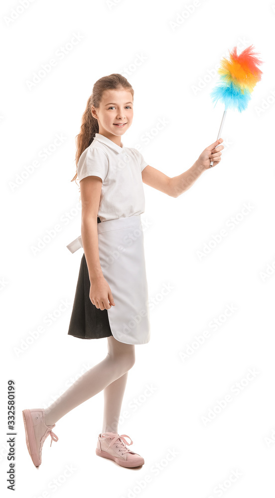 Cute little chambermaid on white background