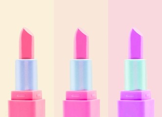 Set colorful pastel Lipstick over white background. Set cute beauty cosmetic bright make up collection,Professional Makeup and Beauty. Beautiful Make-up concept.