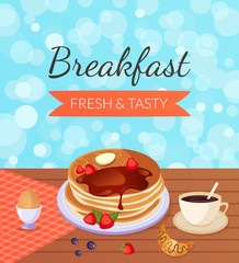 Sticker - Breakfast Fresh and Tasty Banner Template, Morning Food Menu Design Vector Illustration