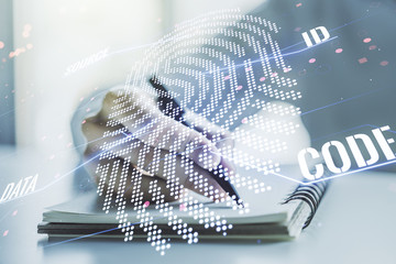 Aufkleber - Abstract creative fingerprint illustration with man hand writing in diary on background, personal biometric data concept. Multiexposure