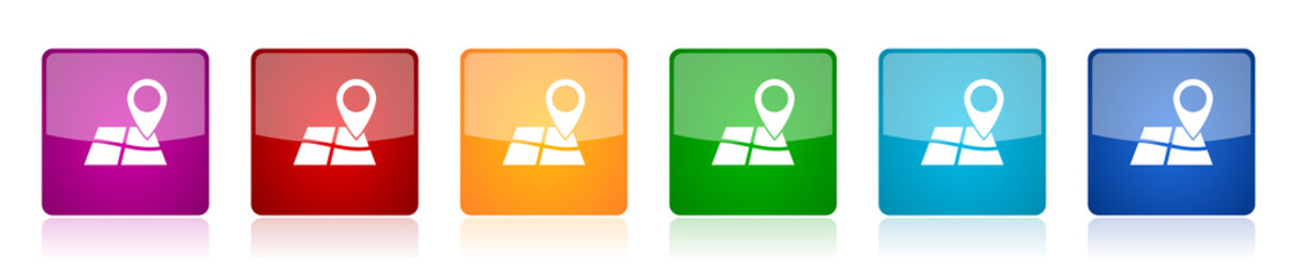 Aufkleber - Gps, map, travel icon set, colorful square glossy vector illustrations in 6 options for web design and mobile applications