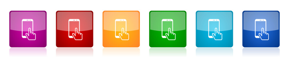 Leinwandbilder - Smartphone icon set, mobile phone colorful square glossy vector illustrations in 6 options for web design and mobile applications