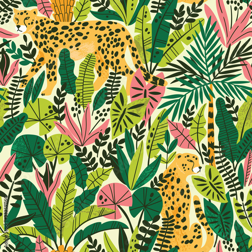 Dekoracja na wymiar  gepard-z-lisci-palmowych-egzotyczny-wzor-letni-raj-w-tropikalnych-dzunglach-z-dzikimi-zwierzetami-i-fantastycznymi-kwiatami