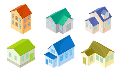 Canvas Print - Isometric Houses and Buildings Isolated on White Background Vector Set