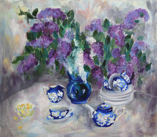 Lilac Bouquet In Vase And Porcelain Tea Service. Still Life On A White Tablecloth Oil Painting.