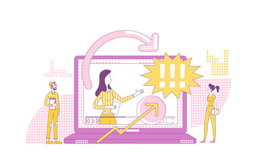 Poster - Product review video thin line concept vector illustration. Marketers and vlogger 2D cartoon characters for web design. Influencer marketing, online affiliate advertising creative idea