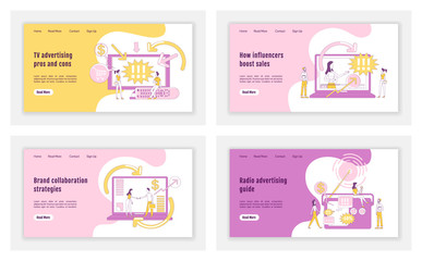 Poster - Digital advertising landing page flat silhouette vector template set. Marketing technology homepage layout. Branding one page website interface with cartoon outline character. Web banner, webpage