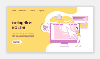 Poster - Turning clicks into sales landing page flat silhouette vector template. PPC marketing homepage layout. One page website interface with cartoon outline character. Traffic generation web banner, webpage