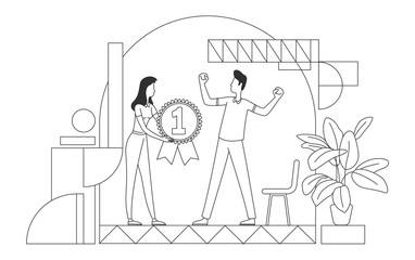 Poster - Employee recognition award thin line vector illustration. Employer and best worker outline characters on white background. Staff motivation, talent appreciation, HR management simple style drawing