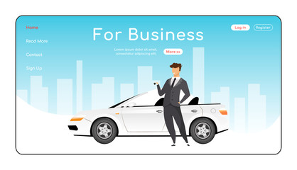 Poster - For business landing page flat color vector template. Car rental company homepage layout. Corporate transportation one page website interface with cartoon character. Auto leasing web banner, webpage