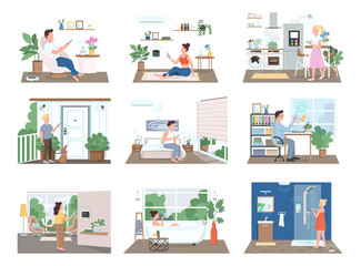 Poster - People in smart homes flat color vector faceless characters set. Men and women control domestic appliances with smartphones. Internet of things isolated cartoon illustrations on white background