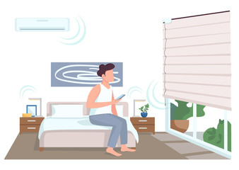 Poster - Guy in smart bedroom flat color vector faceless character. Young man with smartphone controlling jalousie. Domestic life innovations isolated cartoon illustration for web graphic design and animation