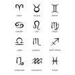 Twelve zodiac signs black vector illustrations set. Celestial symbols with names for horoscope. Pisces, Aries, Libra astrological silhouette signs. Virgo, Scorpio symbols glyph icons pack
