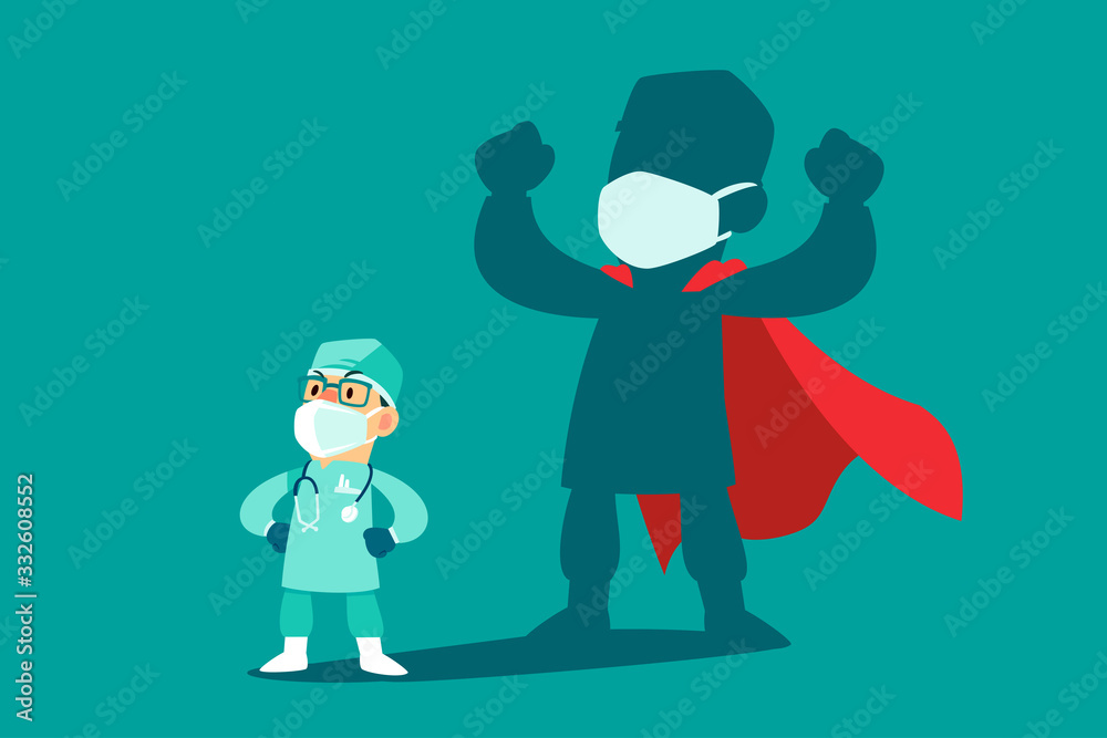 doctor wearing medical mask with his shadow as superhero - obrazy, fototapety, plakaty 
