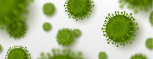 Influenza Coronavirus Background, Virus 2019. 3d Illustration, Asian Flu. Realistic Bacteria, Microbe Infection And Blood, Biology Banner, Concept. Vector Bacillus, Microorganism In Closeup.