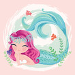 Little cute mermaid with fishes and seashells. Book illustration, fashion artworks, t shirt graphics.
