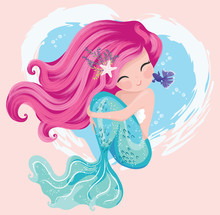 Little Cute Mermaid With Fishes And Seashells. Book Illustration, Fashion Artworks, T Shirt Graphics.